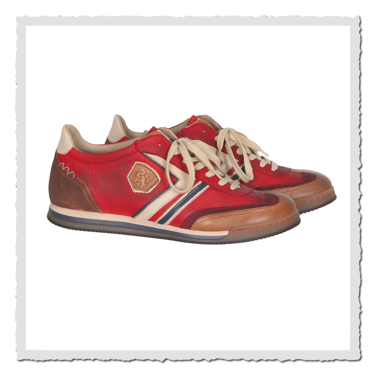 Kamo-Gutsu Scudo 008 Rosso Combi – roter Retro-Freizeitschuh aus Leder mit braunen Details